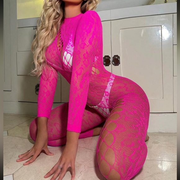 Neon Hot Pink Jacquard Hollow Out Fishnet Bodysuit - Picture 2 of 6